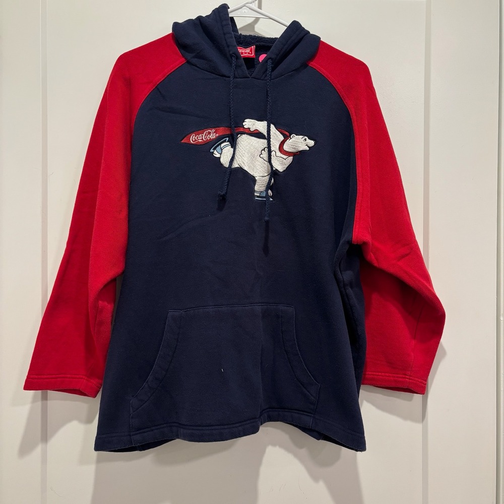 Coca-Cola Brand Mens Navy‎ Red Polar Bear Graphic Hoodie Raglan Sweatshirt XL